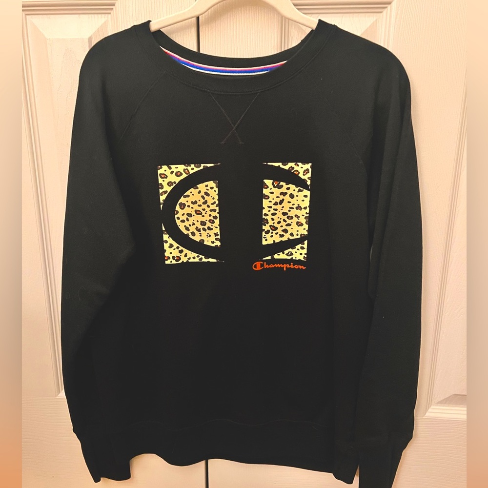 Champion Crew Neck Black Leopard Print Size L